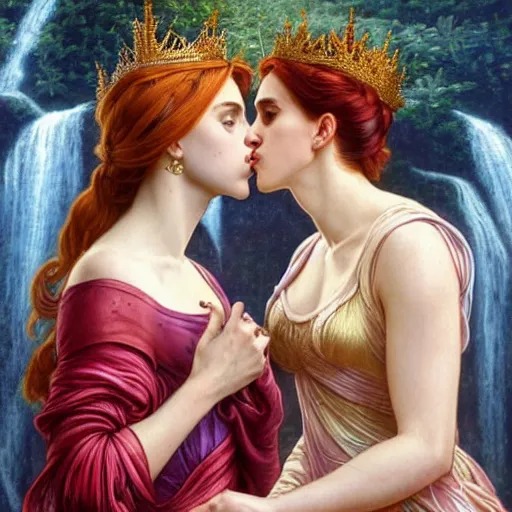 Image similar to a highly detailed byzantine painting of scarlett johansson and emma watson as red haired queens sharing a soft kiss under a waterfall in a gossamer purple dress, epic fantasy, viewed in profile from far away, ultrawide lens, art by artgerm and greg rutkowski and alphonse mucha, volumetric lighting, 4 k resolution, trending on artstation, masterpiece