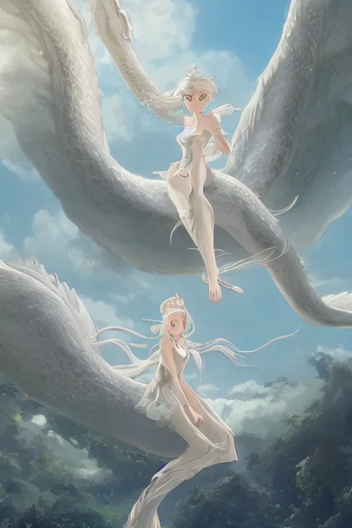 Prompt: beautiful scene render that a princess rely on a huge silver white dragon back, finely detailed angelic face delicate features, facial symmetry, in the fairyland surrounded by white clouds, perfectly shaded, atmospheric lighting, style of makoto shinkai and peter mohrbacher, studio ghibli. artgerm, beeple, animation style, 4 k hd, hyper detailed