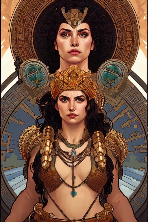 Image similar to pixel art of the Greek godess Hera looking angry, rusty armor, portrait, beautiful face, symmetric face, cinematic, by Artgerm and Greg Rutkowski and Alphonse Mucha