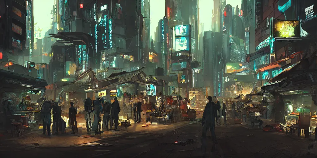 Prompt: busy sci - fi flea market, artstation contest winner. cyberpunk, dark and moody