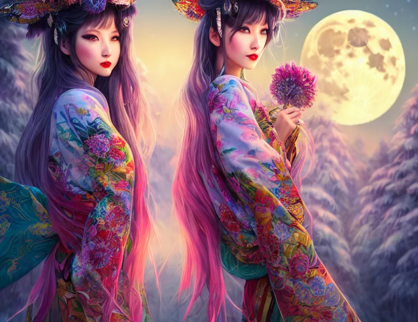 Image similar to two beautiful alluring siberian girls wear fantasy kimono in festival | | sunny night, full moon, dreamlike art, realistic shaded, smile, good looking, hyper details, 4 k realistic, cryengine, realistic shaded lighting poster by artgerm, ross tran, fuji choko, 8 k resolution, trending on artstation, luxury