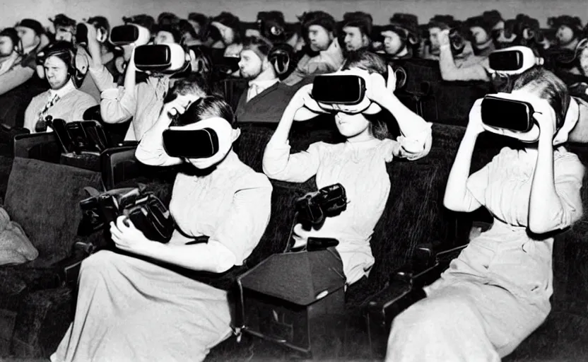 Image similar to 1 9 0 0 s photo of people using iphones ipods virtual reality headsets vr in a movie theater masterpiece