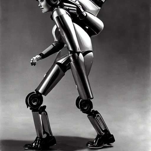 Prompt: a 50's sci-fi robot carrying a woman