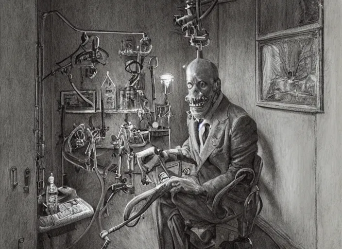 Prompt: a highly detailed spooky portrait of a dentist, james gurney, james jean