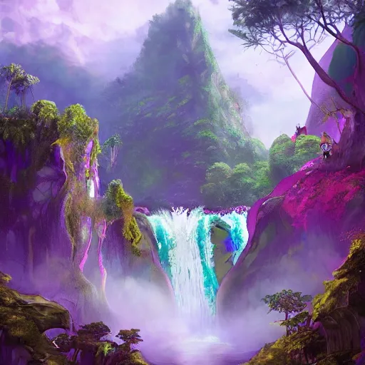 Prompt: a majestic magic school located in a tropical highland surrounded by waterfalls and floating rocks, fantasy, colorful, digital painting, trending on artstation, concept art, illustration, art by joe stiller