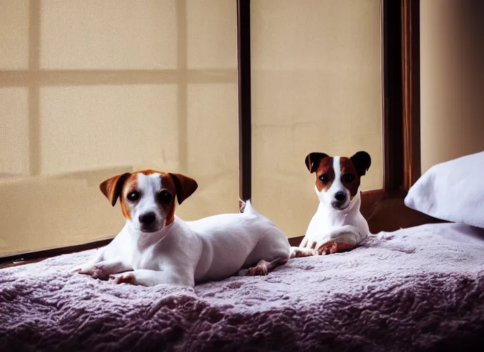 Image similar to photography of a Jack Russel . watching outside the window. on a bed. in a vintage room.,volumetric light, photorealistic,, award winning photo, 100mm, sharp, high res