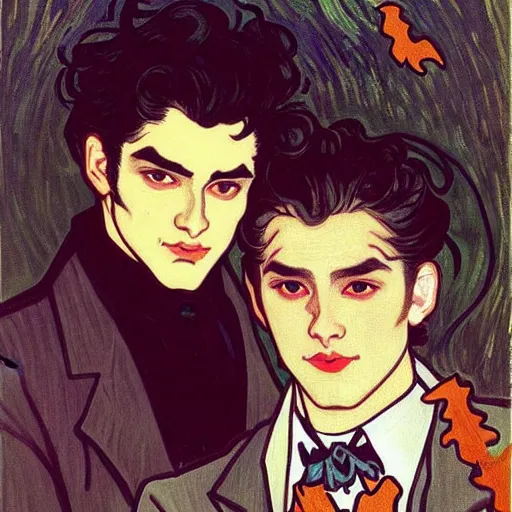 Prompt: painting of young cute handsome beautiful dark medium wavy hair man in his 2 0 s named shadow taehyung and cute handsome beautiful min - jun together at the halloween! party, ghostly, haunted graveyard, ghosts, autumn! colors, elegant, wearing suits!, clothes!, delicate facial features, art by alphonse mucha, vincent van gogh, egon schiele