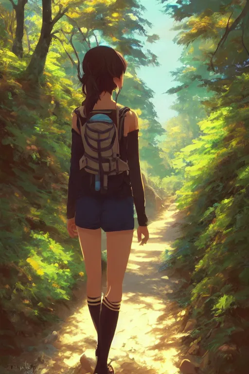 Image similar to a girl on a hiking trail, full shot, fine - face, realistic shaded perfect body, fine details. night setting. very anime style. realistic shaded lighting poster by ilya kuvshinov katsuhiro, magali villeneuve, artgerm, jeremy lipkin and michael garmash, rob rey and kentaro miura style, trending on art station