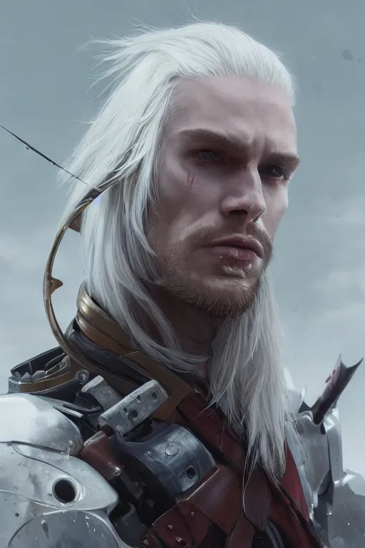 Image similar to a portrait of a toned male cyborg archer with long white hair and pale skin with joints still visible by greg rutkowski, sung choi, mitchell mohrhauser, maciej kuciara, johnson ting, maxim verehin, peter konig, bloodborne, 8 k photorealistic, cinematic lighting, hd, high details, dramatic, dark atmosphere, trending on artstation