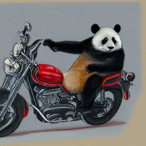 Image similar to a panda in a brown leather jacket riding a motorbike, modernism, colored pencil sketch, 8 k, ultra detailed