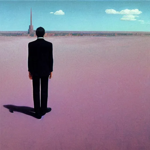 Image similar to a man in black suit, white city, clear blue sky, pink floyd album cover, 1 9 7 0's, by beksinski, bruegel, greg rutkowski, alphonse mucha, and yoshitaka amano, colorful flat surreal design, hd, 8 k, artstation