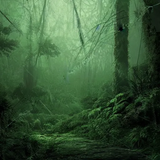 Image similar to deep jungle scene, dark atmosphere, dense fog, dark green tones