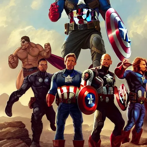 Image similar to A group photo of the Avengers but it's all Dwayne Johnson, western, cinematic shots, fantasy, intricate, elegant, highly detailed, digital painting, artstation, concept art, matte, sharp focus, illustration, art by Artgerm and Greg Rutkowski and Alphonse Mucha