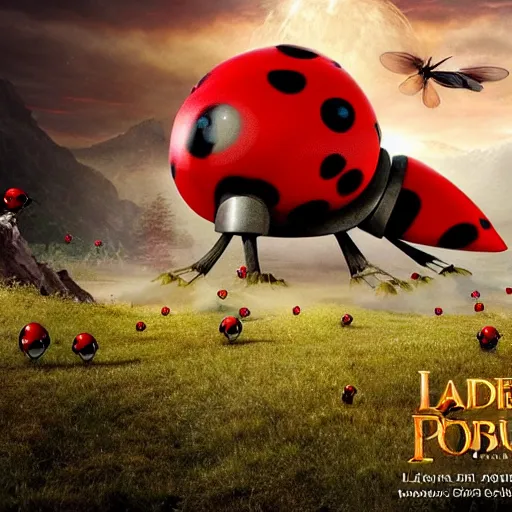 Image similar to promotional movie still, ladybugs, ladybug quadruped with big piercing eyes, ladybug hobbits, ladybug robots, space western, the fellowship of the ring ( film ), 3 d render