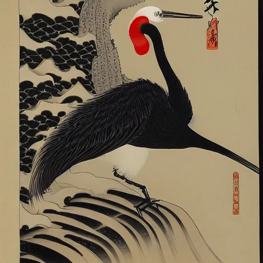 Image similar to 鶴 crane, in the style of hokusai, ukiyo-e