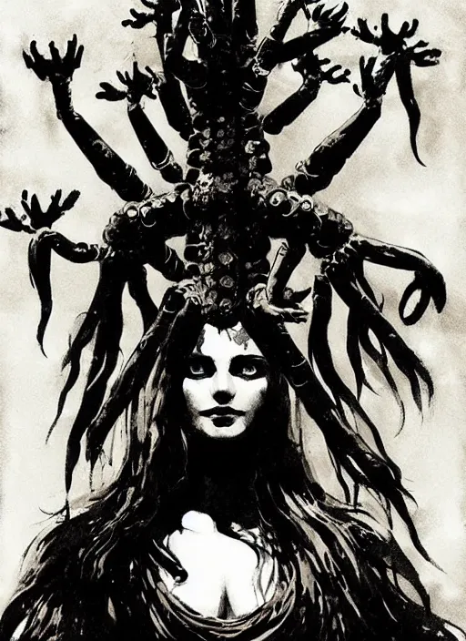 Image similar to marana slavic goddess with six arms in traditional slavic clothes : by anato finnstark kvlt by peder balke by peder balke by greg rutkowski, by guido crepax by norman bluhm mystic high contrast monochromatic noir