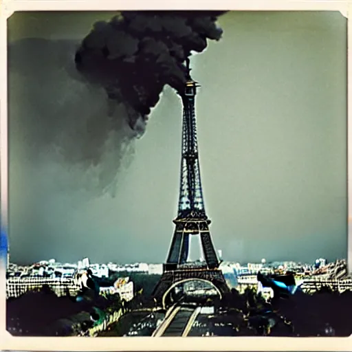 Image similar to extensive smoke rising from the top of the eiffel tower, aerial view, several police cars and crowds running across the ground, polaroid, 6 0's, hyperrealism, no blur, 4 k resolution, ultra detailed