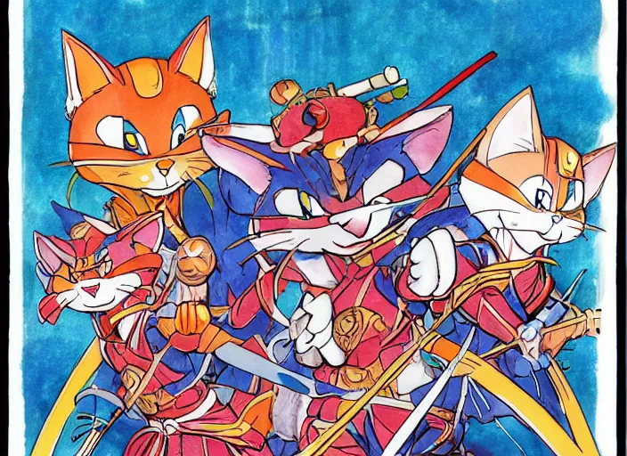 Image similar to samurai pizza cats, ink and watercolor illustration masterpiece, perfectly realistic yet surreal, by ryan ottley and mœbius