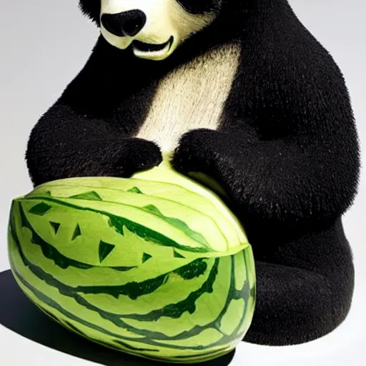 Prompt: watermelon carved to reveal a panda. the green watermelon rind defines its feet. the red flesh of the watermelon forms its body.