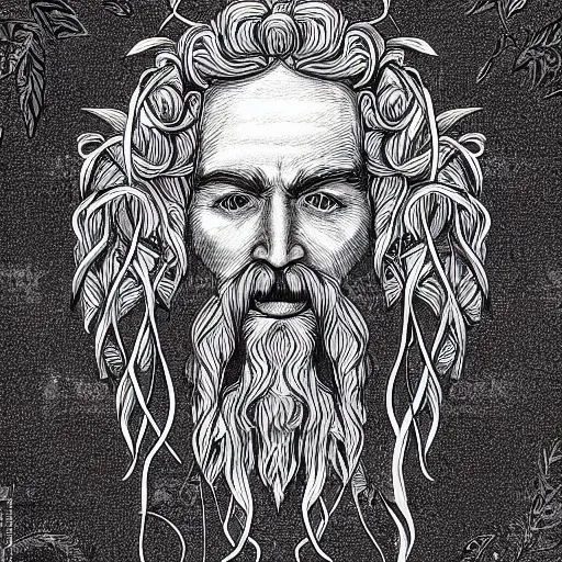 Image similar to huge male druid gray face pointy ears long beard with vines as hair hibiscus flowers detailed drawing