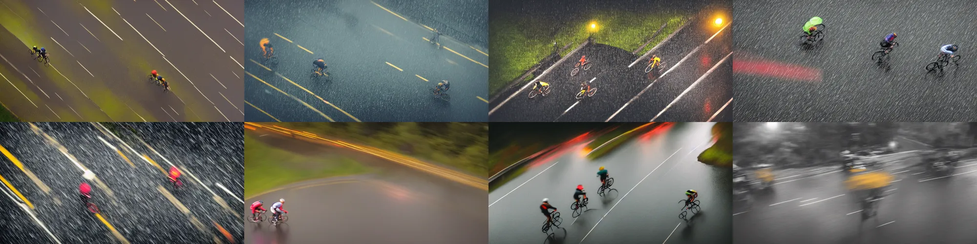 Prompt: motion blur, cinematic night time birds eye view of two commuting cyclists plunging down a wide, steep rain soaked suburban hilly road, rainy night scene, wet road, amber light, Sigma, 24mm, f/8, 1/1000 second shutter -1