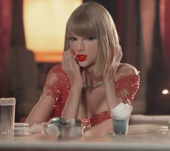 Image similar to a movie still of taylor swift in a club sitting with cocaine in the movie scarface 2 0 4 9