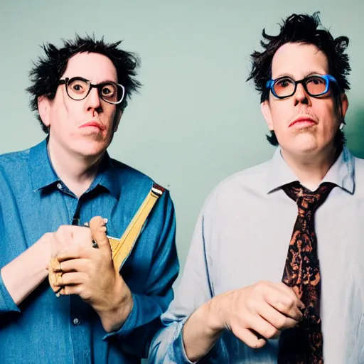 Prompt: john linnell and john flansburgh of they might be giants as puppets, band marketing material, photograph, sharp focus, 4 k, extremely detailed