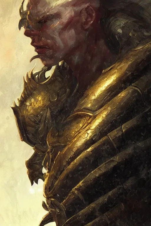 Image similar to a masculine elegant man from sideview with large shoulders, armor, and wearing golden laurel wreath, there are flames behind him, ethereal horror fantasy art by greg rutkowski and magali villanueve and monet con