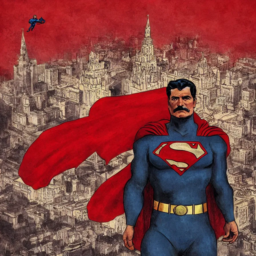 Image similar to stalin as superman, in the style of the red son, floating over the red square ( moscow ), socialist realism, soviet nostalgia, ultrarealistic, hyperdetailed, intricate digital art, trending artstation, rich moody colors, fan art, concept art, epic comic book style, by robert kirkman