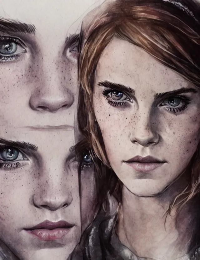 Image similar to portrait of a young emma watson as ciri from the witcher 3, beautiful eyes, aquarelle, realistic painting, freckles, 1 / 4 headshot