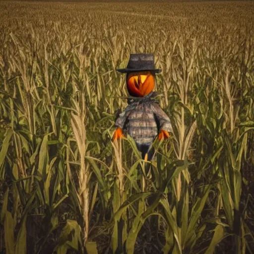 Prompt: Scarecrow in a cornfield at night looking at viewer, low quality photograph, eerie lighting