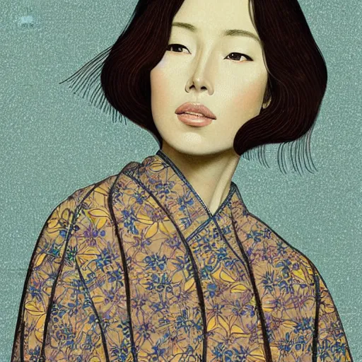 Image similar to “ jessica biel portrait by ikenaga yasunari and ayana otake and ko rakusui, 6 0 s poster, drawing, realistic, sharp focus, japanese, dreamy, nostalgia, faded, golden hues, floral clothes, porcelain skin ”