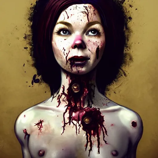 Image similar to color head portrait of young early bjork as a zombie, 7 days to die zombie, gritty background, fine art, award winning, intricate, elegant, sharp focus, cinematic lighting, digital painting, 8 k concept art, art by michael hussar, art by brom, art by guweiz and z. w. gu, 8 k