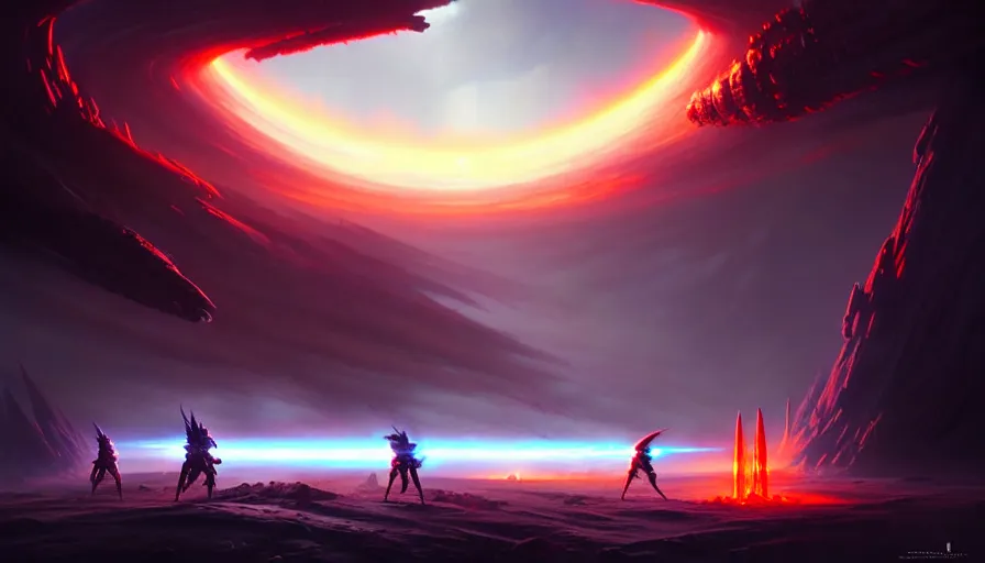 Prompt: paint an epic sci - fi battle scene as sd ai would paint it, in the tyle of tom bagshaw, epic scene on earth like planet surface, glowing light and shadow, cinematic lighting, unreal engine, atmospheric, god lighting, lasers