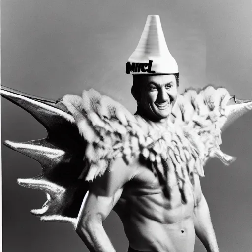 Image similar to ripped physique winged man Norm MacDonald disguised as a mothra whilst wearing a traffic cone hat jack kirby