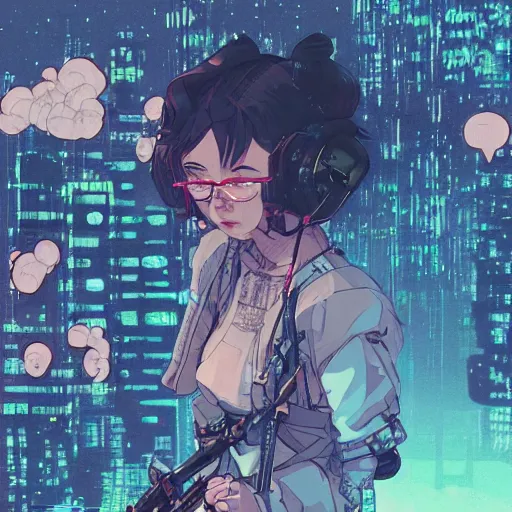 Image similar to close up, a grungy cyberpunk anime, very cute, pose pointing a bow and shouting by super ss, cyberpunk fashion, curly pink hair, night sky by wlop, james jean, victo ngai, highly detailed