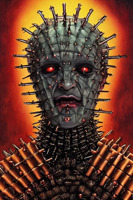 Image similar to portrait of hellraiser cenobite in the style of wayne barlowe, gustav moreau, peter mohrbacher, bussiere, roberto ferri, santiago caruso, luis ricardo falero, austin osman spare