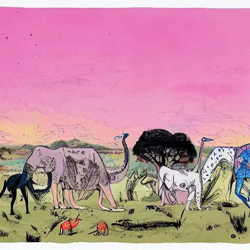 Image similar to quentin blake, james jean illustration of a safari at sunset