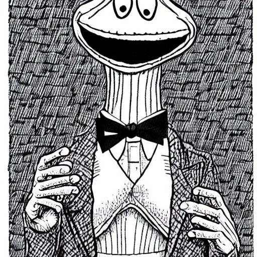 Image similar to Kermit the Frog from Sesame Street as a monster illustrated by Junji Ito