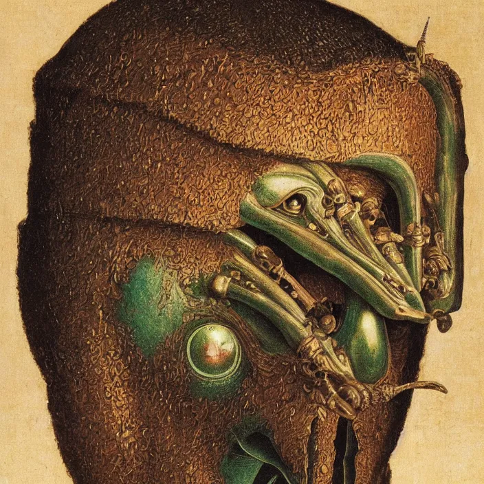 Image similar to close up portrait of a mutant monster creature with facial features resembling a medieval steel helmet, iridescent beetle eyes and antennae. by jan van eyck, audubon