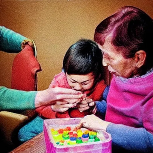 Prompt: “ old lady feeding crayons to child, bizzaro ”