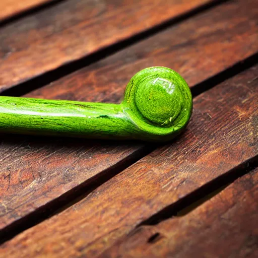 Image similar to short wooden cane with blobs of green slime on it, photograph