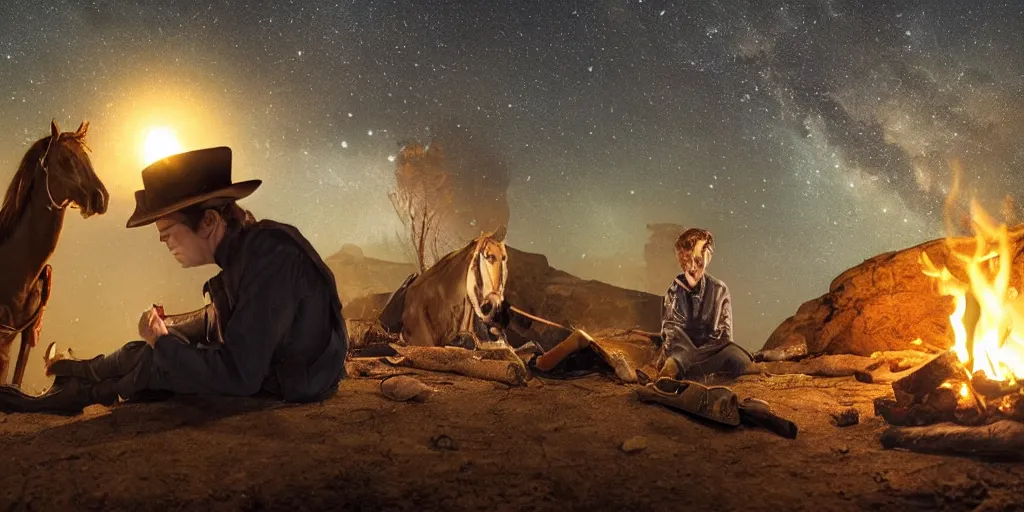 Prompt: in the old west, at a campfire at night, close up portrait of one sleeping bandit scoot mcnairy ( ( alone ) ) and wide shot of one thomas brodie - sangster ( ( alone ) ) propped against a rock, watches the stars and his horse grazes, in the style of a cinematic oil painting, warm color palate, astral