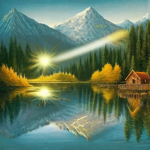 Image similar to A beautiful experimental art of a mountain lake scene with a cabin nestled in the woods. The light shining through the trees and reflecting off the water is stunning. Garfield by Jacek Yerka subtle