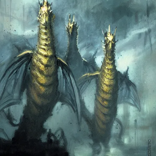 Image similar to king ghidorah, 3 heads, electric storm, painted by jeremy mann