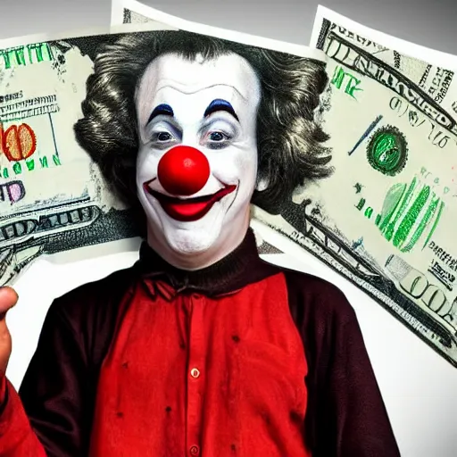 Image similar to A clown holding a dollar banknote, background is a slum, cinematic, epic, highly-detailed, photo realistic