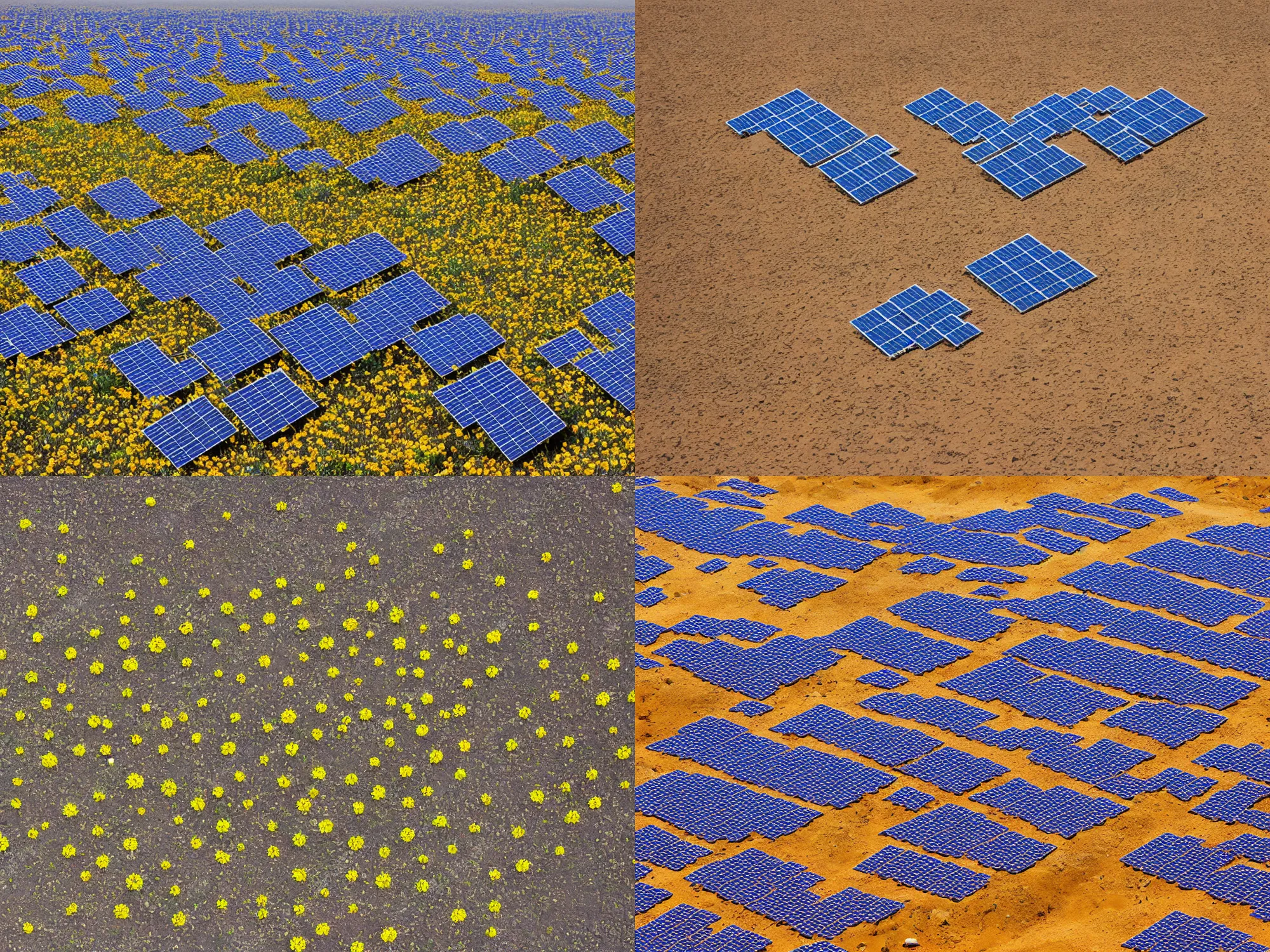 Prompt: flower shaped solar panels in the desert, small flowers sprouting along their edges, photo real