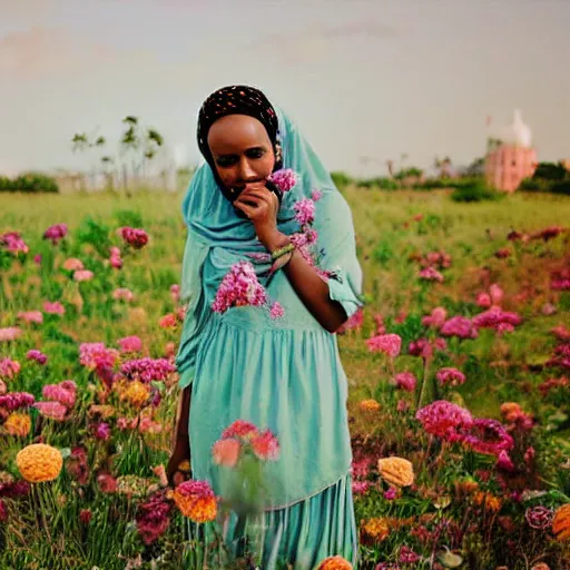 Image similar to somali friends, vintage, field of flowers, city bridge, beautiful, happy, dreamy, pastel, highly detailed, detailed faces, high focus, dreamy, pastel