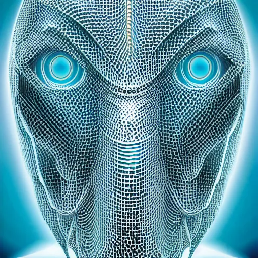 Prompt: an insanely detailed cibernetic artwork of a futuristic artificial intelligence superstar, centered image, perfectly symmetrical alien face, with frames made of detailed fractals, octsne render, 4k, insanely detailed, detailed grid as background, cgi