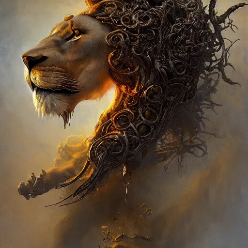 Image similar to a beautiful detailed 3 d matte portrait of a lion made out of dark smoke, by ellen jewett, by tomasz alen kopera, by justin gerard, ominous, magical realism, texture, intricate, skull, skeleton, gold coins, money, whirling smoke, radiant colors, fantasy, volumetric lighting, high details